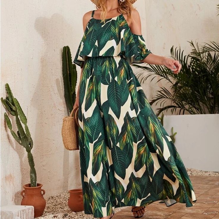 Leave Print Maxi Dress Color: Cream Green Size: Xl