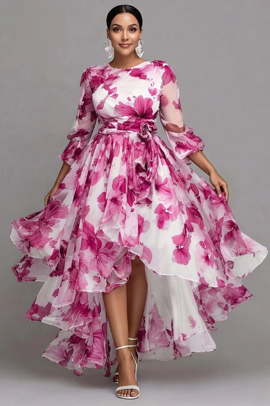 Xpluswear Design Plus Size Wedding Guest Purple Floral Round Neck 3 4