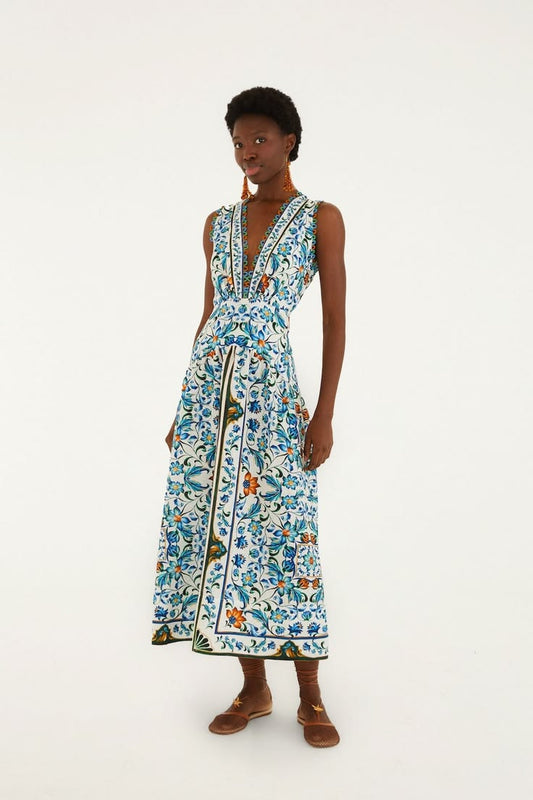Off White Flora Tile Scallop Euroflax Premium Linen Maxi Dress Flora