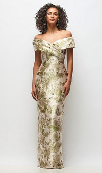 Draped Wrap Off The Shoulder Abstract Floral Jacquard Column Maxi