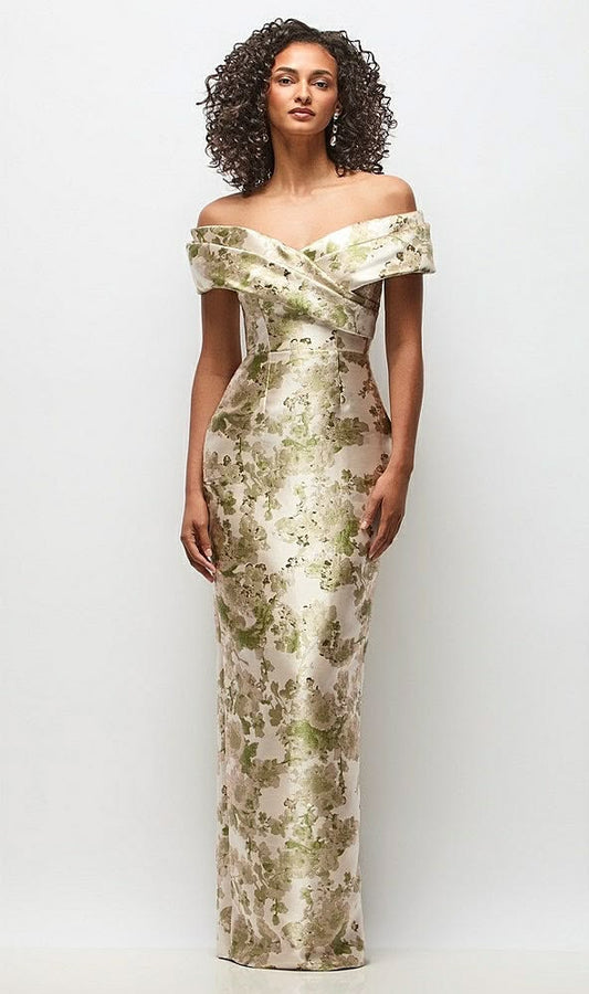 Draped Wrap Off The Shoulder Abstract Floral Jacquard Column Maxi