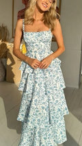 Blue Floral Midi Dress Modest Feminine Church Outfit