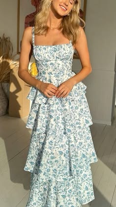 Blue Floral Midi Dress Modest Feminine Church Outfit