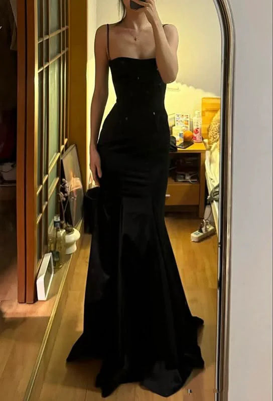 Elegant Mermaid Spaghetti Straps Black Satin Long Prom Dress Birthday