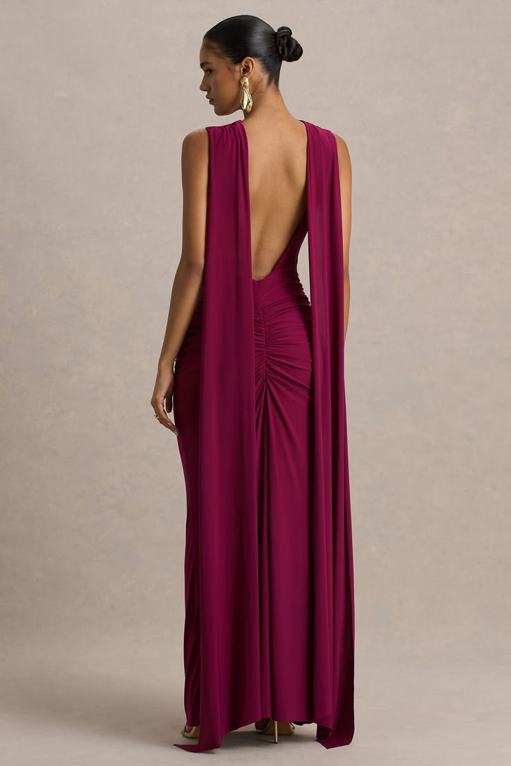 Premiere Burgundy Boat Neck Maxi Dress With Open Back And Cape Sleev