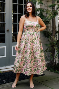 Womens Antoinette Embossed Midi Dress Champagne Multi Floral Size: XS