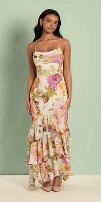Floral Print Chiffon Drape Front Ruffle High Low Dress