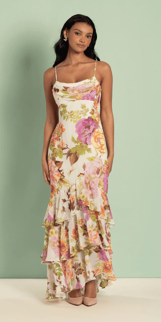Floral Print Chiffon Drape Front Ruffle High Low Dress