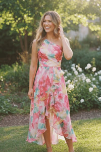 Summer Wedding Guest Dress with Floral Print and High-Low Hem