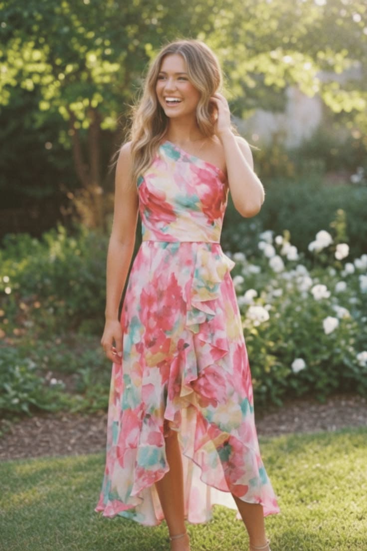 Summer Wedding Guest Dress with Floral Print and High-Low Hem