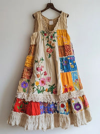 Floral Embroidered Lace Patchwork Linen Blend Dress Beige 3Xl