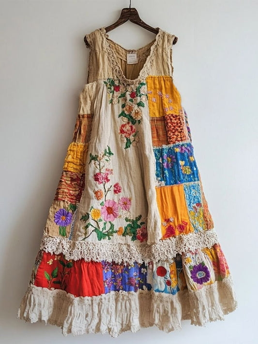 Floral Embroidered Lace Patchwork Linen Blend Dress Beige 3Xl