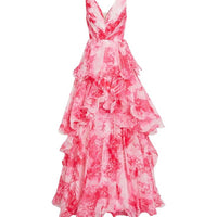 Marchesa Notte Dress Marchesa Notte Pink Tiered Printed Chiffon Gown