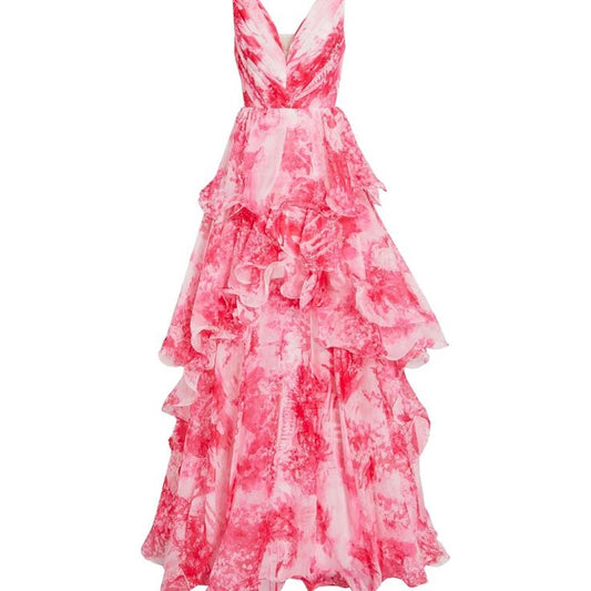 Marchesa Notte Dress Marchesa Notte Pink Tiered Printed Chiffon Gown