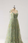 Green Floral A Line Long Formal Dress With Fuchsia