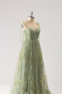 Green Floral A Line Long Formal Dress With Fuchsia