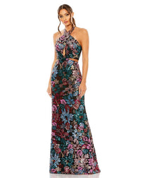 Black Sequin Embellished Cross Neck Gown