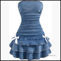 Layered Ruffle Denim Mini Dress Strapless Bandeau Bow Jean Dress