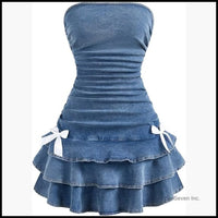 Layered Ruffle Denim Mini Dress Strapless Bandeau Bow Jean Dress