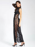 Women's Weslyn Black Satin Lace High Slit Dress Small Miss Circle New