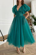 Sale: Elegant Dark Green A Line Evening Dress With V Neck And Short