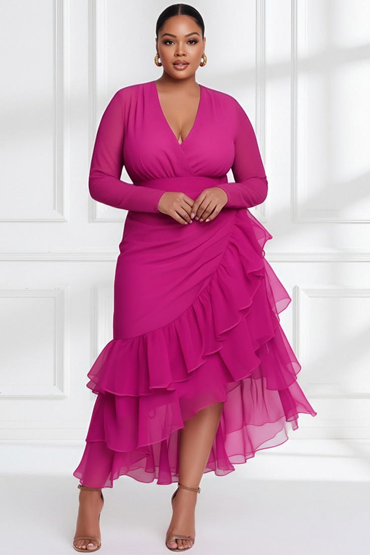 Xpluswear Design Plus Size Wedding Guest Hot Pink V Neck Long Sleeve