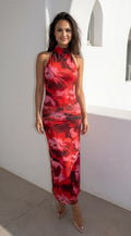Sweet Escape Floral Print High Neck Maxi Dress Red Multi