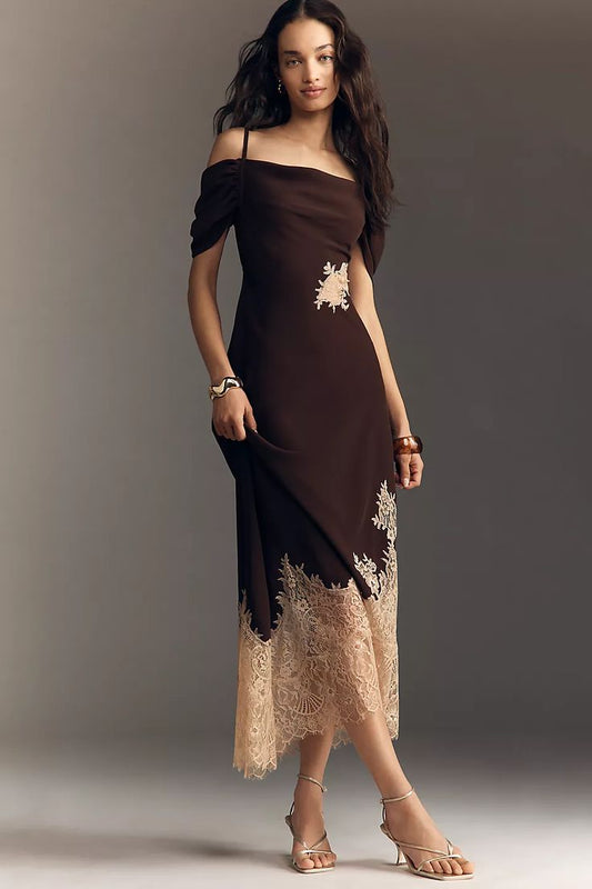 Bl Nk Satin Off Shoulder Lace Midi Dress