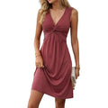 Quenby - Deep V-Neck Knot Waist A-Line Dress