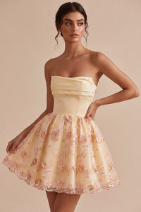 Sparkly Floral Light Yellow Sequin A Line Short Homecoming Dress Light