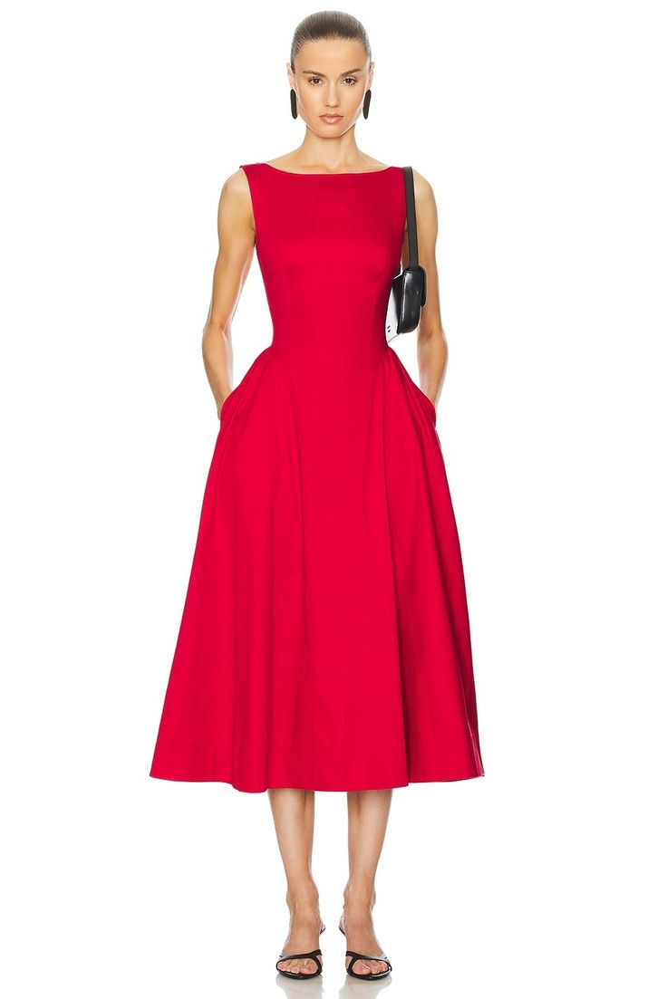 Helsa Stretch Cotton Sateen Midi Dress In Red From .com