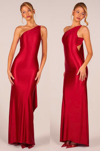 Asymmetric Tie Back Gown In Cherry