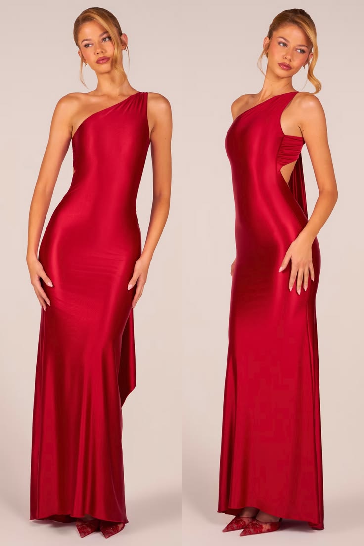 Asymmetric Tie Back Gown In Cherry
