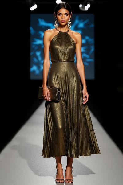 Olive Halter Metallic A Line Maxi Formal Dress