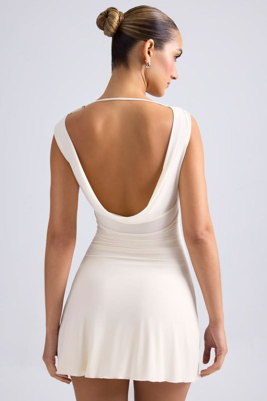 Tigen Off Shoulder Cowl Back A Line Mini Dress In Ivory