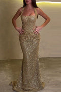 Velda Sequin Halter Square Neck Ruched Waist Back Lace Up Drape Flare