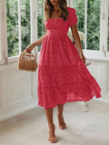 Hazel Blues Printed Square Neck Short Sleeve Midi Dress