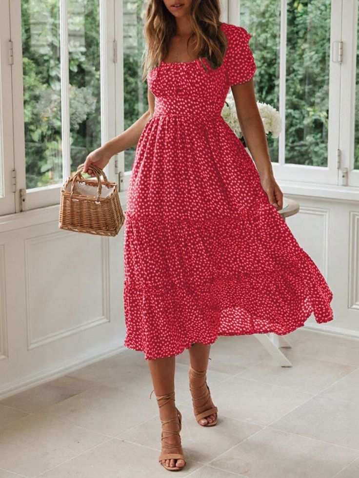Hazel Blues Printed Square Neck Short Sleeve Midi Dress