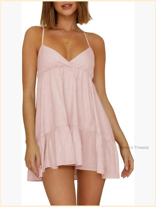 V Neck Crisscross Backless Mini Dress Ruffle Hem Flowy Swing A Line