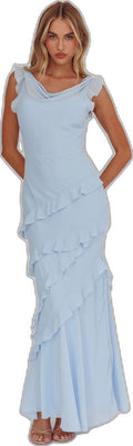 Sangria Cowl Neck Frill Maxi Dress Blue