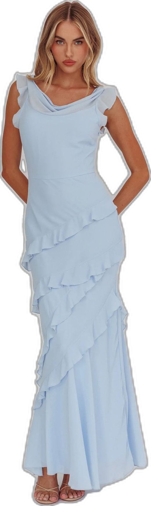 Sangria Cowl Neck Frill Maxi Dress Blue