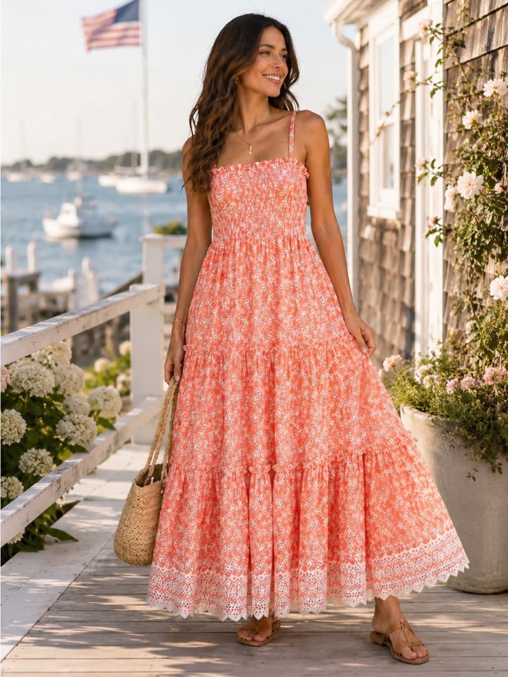 Bardot Dress Bardot Coral Eyelet Maxi Dress Smocked Resort Vacation S