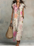 Women's Vintage Floral Art Print Cotton-linen Dress