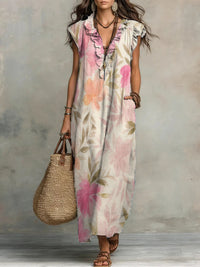Women's Vintage Floral Art Print Cotton-linen Dress