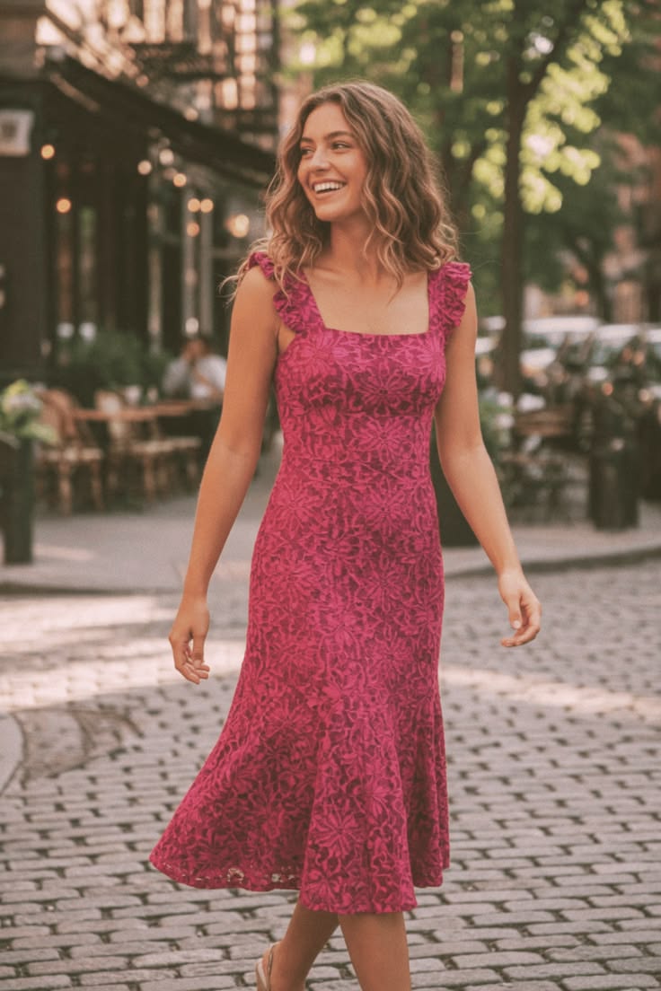Pink Floral Lace Midi Dress Summer Outfit Ideas For Women