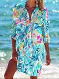 New Tropical Print Beach Cover Up Shirt Dress Color: Blue Pink Size: