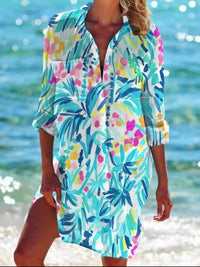 New Tropical Print Beach Cover Up Shirt Dress Color: Blue Pink Size: