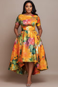Xpluswear Design Plus Size Wedding Guest Yellow Round Neck Short