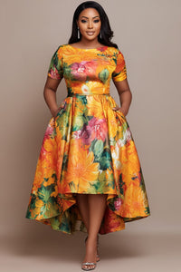 Xpluswear Design Plus Size Wedding Guest Yellow Round Neck Short