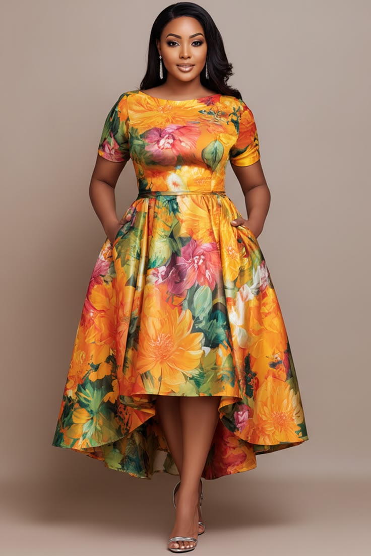 Xpluswear Design Plus Size Wedding Guest Yellow Round Neck Short
